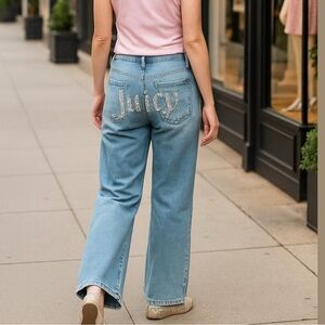 90s JUICY COUTURE WIDE LEG JEANS DISTRESSED DENIM W RHINESTONE JUICY  BUTT SZ M